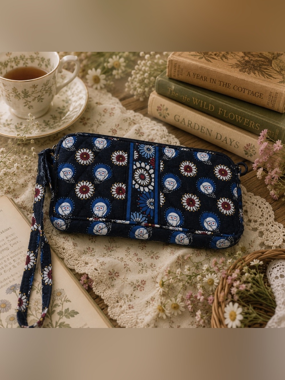 Vera Bradley Owl Daisy Quilted Wristlet Wallet Large Retired Print